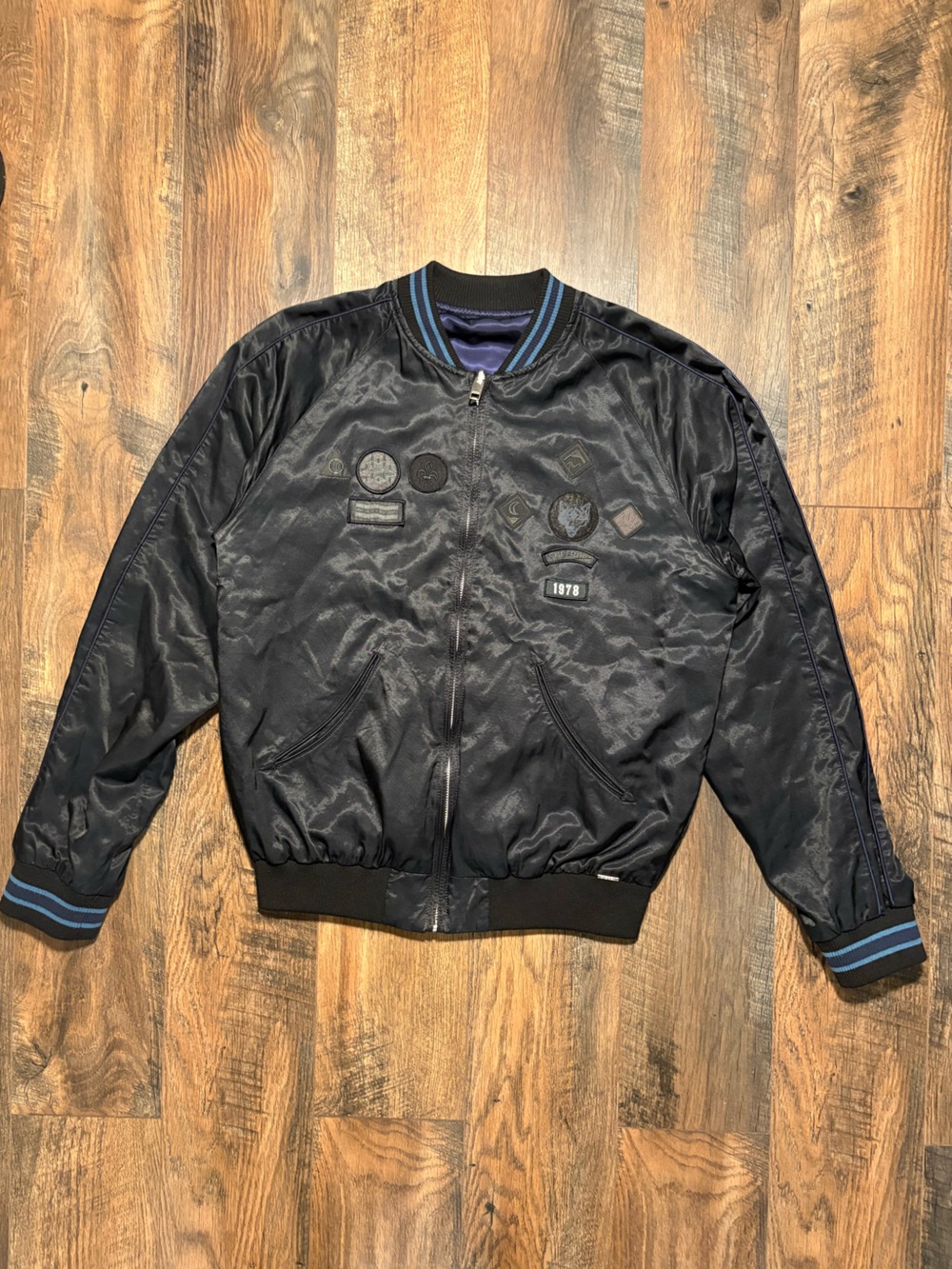 DIESEL J-Fire 0GAQM Reversible Patch Bomber Jacket Black Blue Men’s L